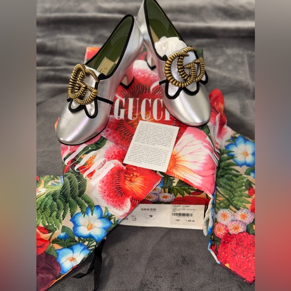 Silver gold Gucci Raso seta heels - Picture 3 of 7